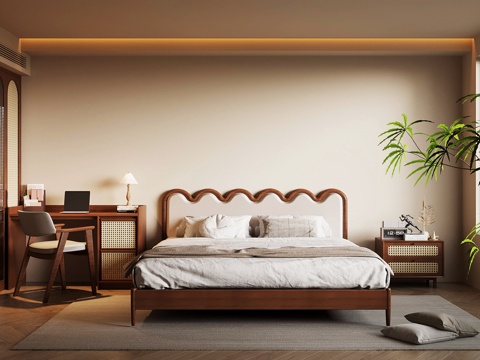 中古卧室 双人床 梳妆台su模型