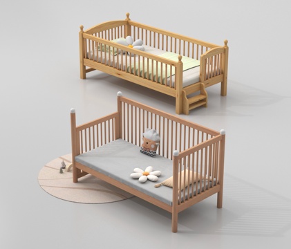 现代儿童床 实木婴儿床 带护栏婴儿床su模型
