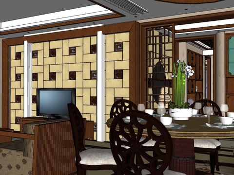 新中式客餐厅 新中式风格su模型