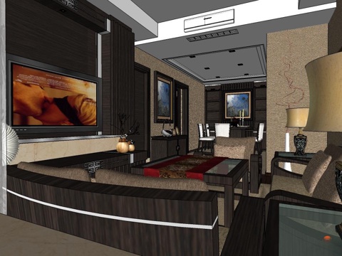 新中式客厅 新中式风格 实木沙发su模型