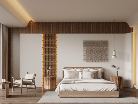 侘寂风卧室 双人床 民宿su模型