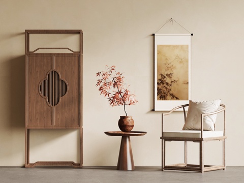 新中式休闲椅 高柜 挂画su模型