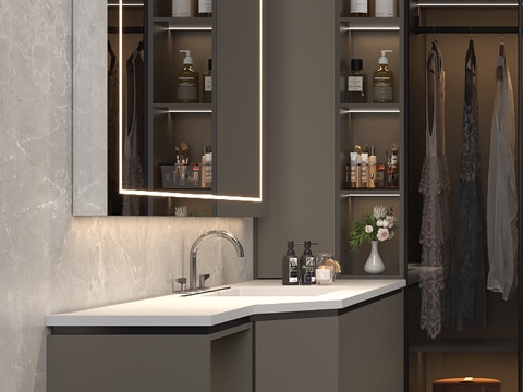 现代浴室柜镜柜 浴室饰品摆件组合 斜角卫浴柜女衣物 洗浴用品su模型