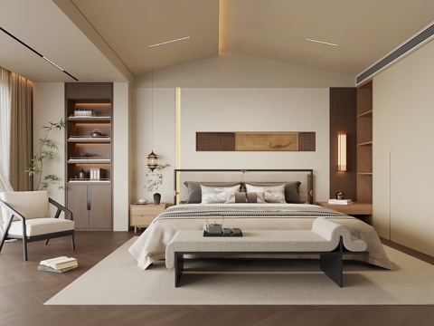 新中式卧室 宋氏风卧室 双人床su模型