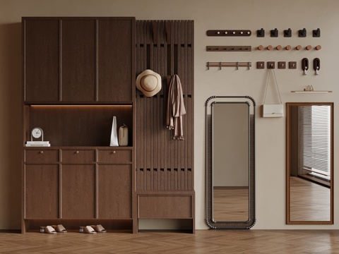 中古风鞋柜 隔断鞋柜 镜子 挂衣板su模型