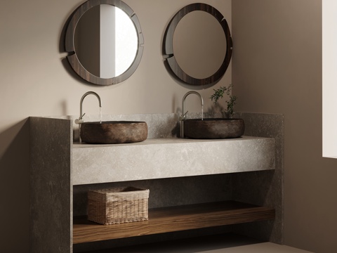 侘寂风浴室柜 洗手台su模型