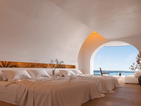 奶油微侘寂风民宿客房su模型