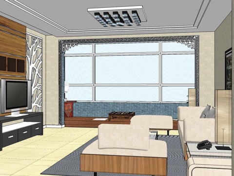 现代客厅 现代风格 实木沙发su模型