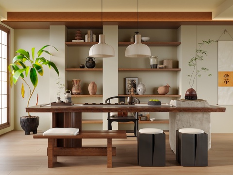 现代茶室 茶桌椅 凳子 吊灯su模型