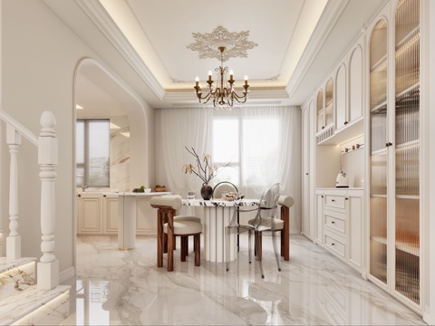  法式餐厅 法式厨房 欧式厨房 法式吊灯 法式酒柜 法式餐桌椅3d模型 