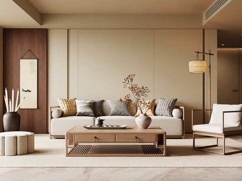 新中式客厅 沙发茶几组合 宋氏风客厅su模型