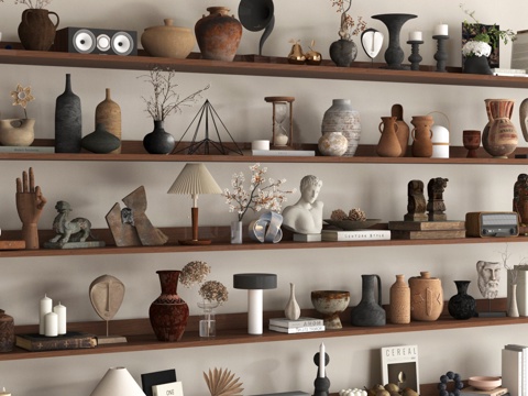 侘寂中古摆件组合 饰品摆件 花瓶花艺摆件 陶罐雕塑摆件 书籍su模型