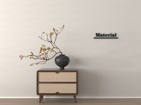 侘寂风床头柜  方形床头柜 藤编床头柜 花艺su模型