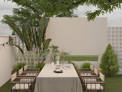 现代文艺庭院花园聚餐区婚礼餐饮区餐桌椅su模型