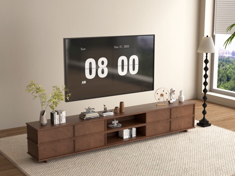 中古原木电视柜 落地电视柜 电视 落地灯su模型