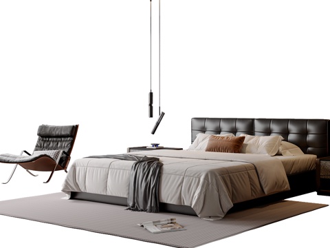  现代意式双人床 皮质双人床 休闲椅 吊灯  床头柜3d模型 