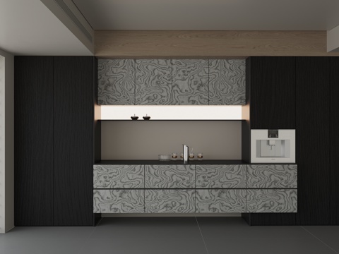 现代餐边柜 实木餐边组合柜 轻奢风备餐柜 直饮机 水壶水杯su模型