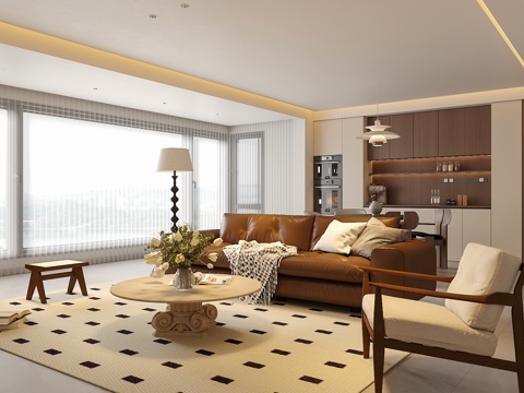 中古侘寂风客餐厅 沙发茶几组合 餐桌椅组合  饰品摆件 台灯su模型