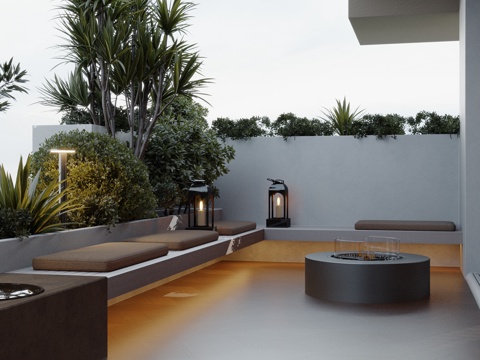 现代屋顶花园露台阳台景观休闲卡座绿植花箱软包坐垫圆形酒精炉su模型