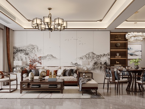  新中式客餐厅3d模型 