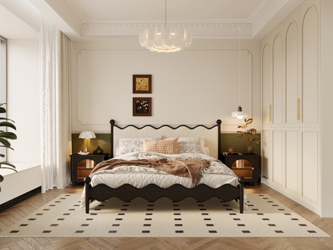 法式复古风卧室 双人床 床头柜 衣柜su模型