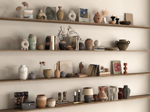 侘寂中古摆件组合 饰品摆件 花瓶花艺摆件 陶罐雕塑摆件 书籍su模型