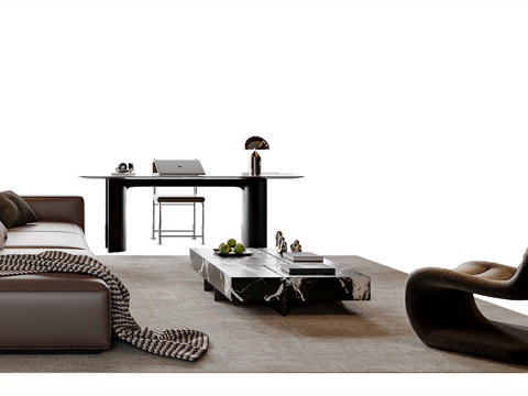 现代意式沙发茶几组合 书桌椅组合 皮质沙发 休闲椅 茶几su模型