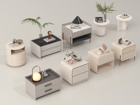 现代床头柜组合 实木床头柜 圆形边几 饰品摆件 花瓶绿植su模型