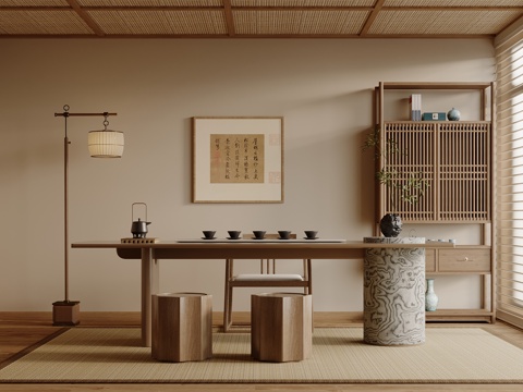 新中式 茶桌椅 茶台 博古架 落地灯su模型