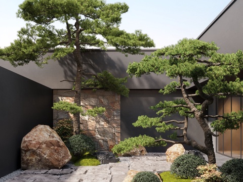新中式天井庭院景观 天井庭院 松树 青石板 景观石su模型
