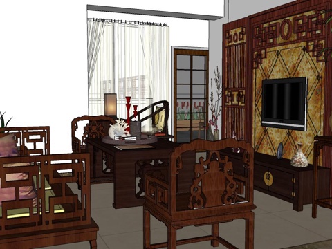 中式客厅 中式风格 实木沙发椅 实木电视背景墙su模型