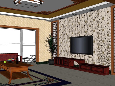 新中式客厅 新中式风格 实木电视柜 实木茶几su模型