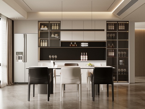 现代餐厅 酒柜 餐边柜 餐桌椅su模型