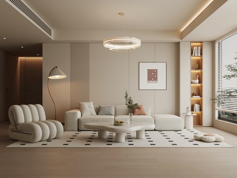 现代奶油风客厅su模型