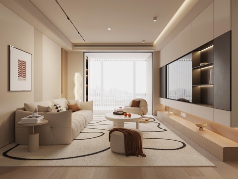 现代奶油风客厅su模型