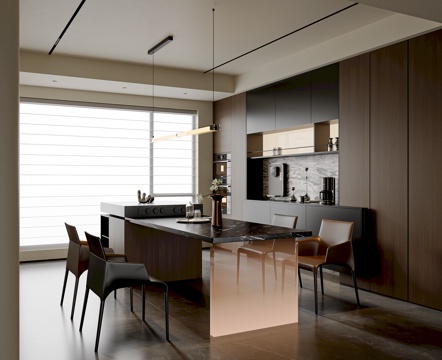  现代意式餐厅 餐厅岛台 餐椅 吊灯 餐边柜 岛台摆件3d模型 