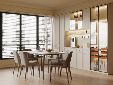 法式奶油风餐厅 酒柜 餐桌椅su模型