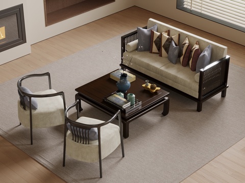 新中式沙发茶几组合su模型