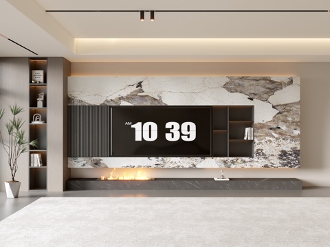 电视背景墙 电视柜 电视墙 现代客厅 意式客厅 极简客厅su模型