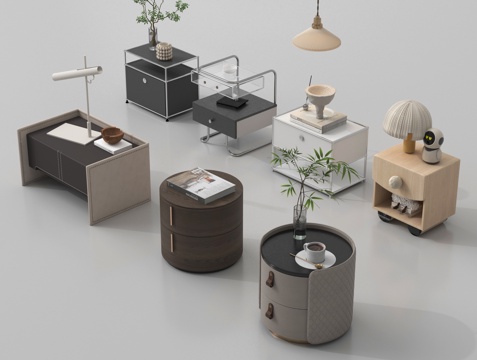 现代床头柜组合 方形床头柜 圆形床头柜 摆件组合su模型
