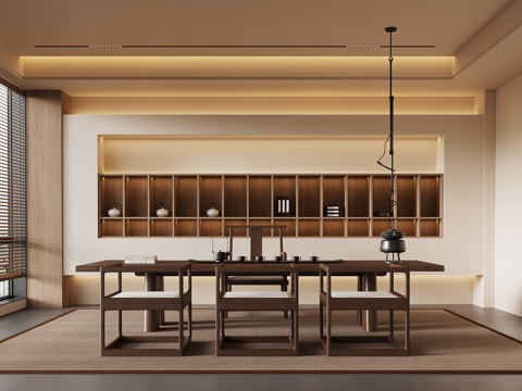 新中式茶室 茶桌椅 背景墙su模型