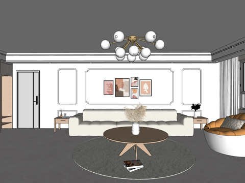 现代奶油风客厅 沙发su模型