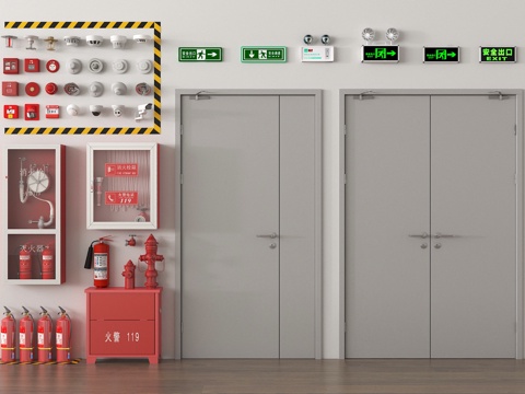 现代消防门 防火门 消防栓 灭火器 警报器 应急照明灯 消防su模型