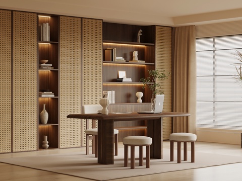 中古风书房 书柜 书桌椅su模型