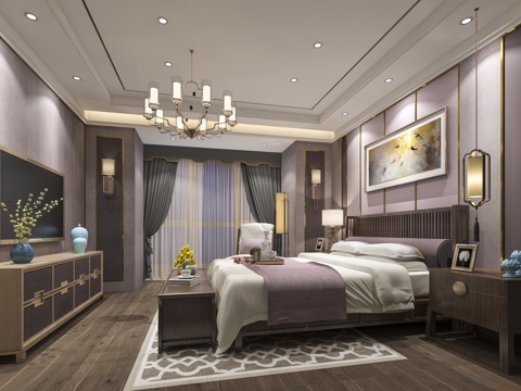  新中式主卧室3D模型3d模型 