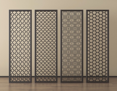 新中式隔断 花格隔断屏风 玄关屏风隔断su模型
