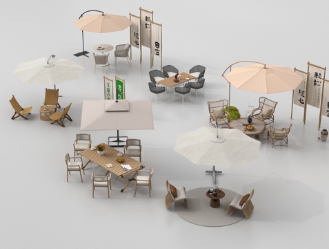 现代户外桌椅 露营桌椅 遮阳伞 可折叠桌椅su模型
