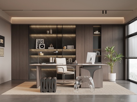 意式书房 书桌椅 书柜su模型