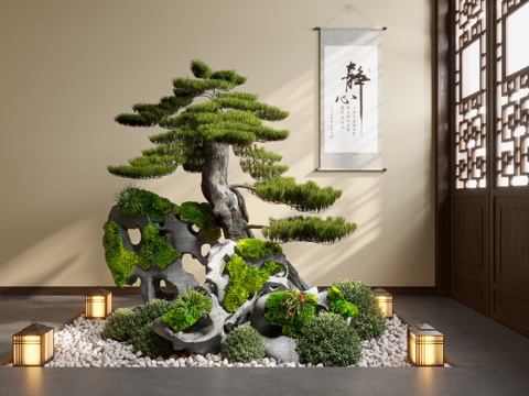 新中式室内景观 景观小品 植物造景 植物堆 景观植物3d模型 