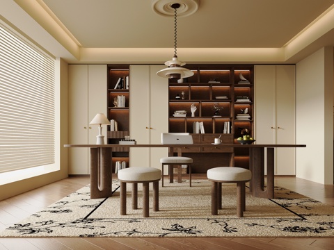 中古风书房 书柜 书桌椅su模型